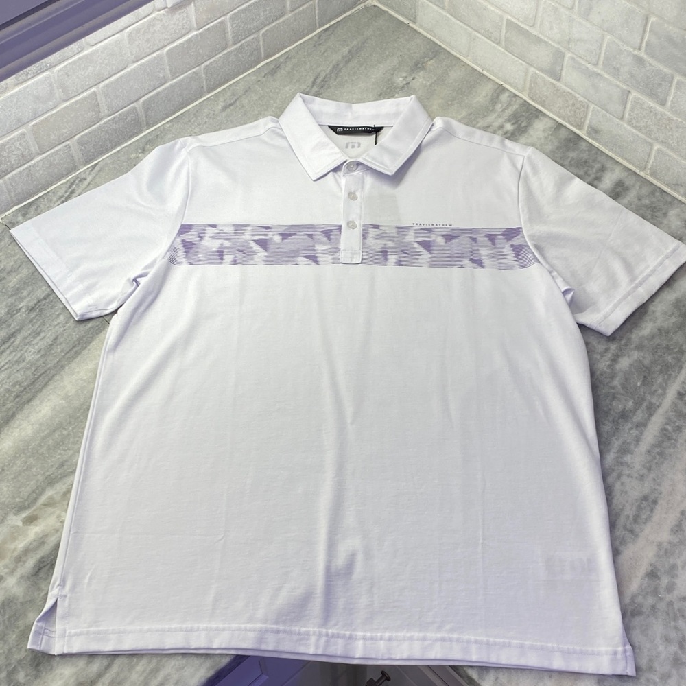 Travis Mathew White and Purple Polo Shirt